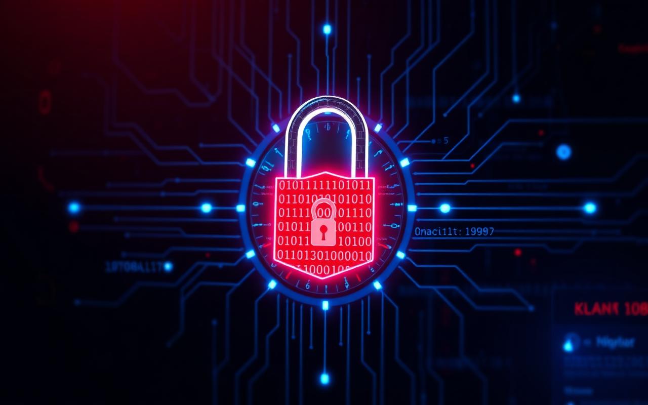 Cybersecurity padlock with circuit patterns